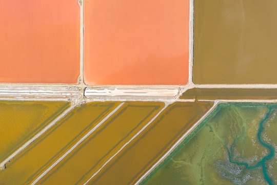 Aerial view above salt production water reservatory, Australia.