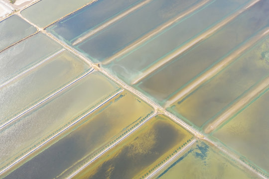 Aerial view above salt production water reservatory, Australia.
