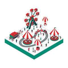 Vector isometric illustration on the theme winter holiday.  People celebrate the winter holidays, to visit attractions, launch balloons, playing snowballs. Winter attractions.  For a poster or banner 