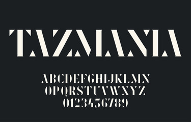 Elegant geometric stencil font with triangular elements and serifs. Vector alphabet and numbers
