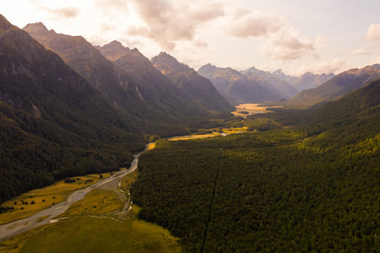 Aerial view of scenic Eglinton Valley during the sunset, New Zeland.