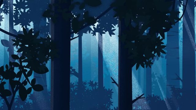 Nighttime Forest Panning Shot. Loop-ready animation. Hand drawn, painterly styled animated illustration.