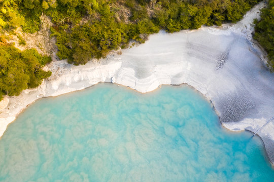 Aerial view of large hot spring at Inferno Crater Lake, New Zealand.