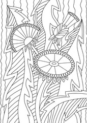 Ornamental dandelion flower and leaves on floral background. Line art. Hand drawing coloring for kids and adults. Beautiful drawing with patterns and small details