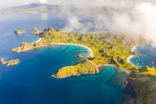 Scenic aerial view of Padar islands during day, Indonesia.