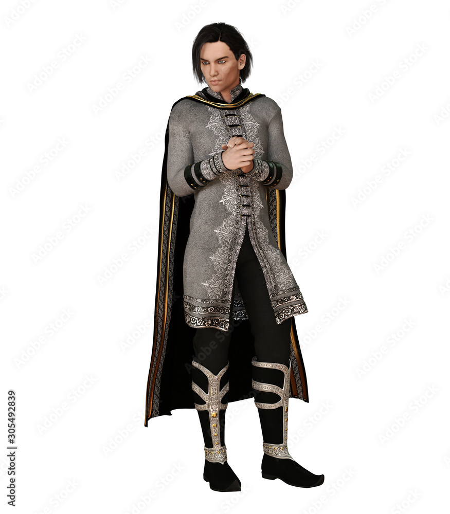 Sticker man in medieval suit with golden details. isolated on white. 3d rendering.