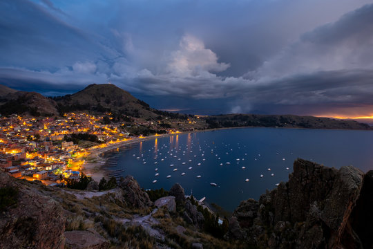 Copacabana harbour on Lake Titicaca at Night