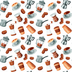 Coffee elements vector seamless pattern, cartoon style design.