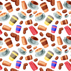 Coffee elements vector seamless pattern, cartoon style design.