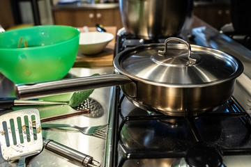 Metal pot in a restaurant kitchen.