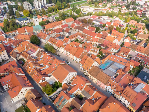 Aerial view of Skofja Loka town center in Slovenia.