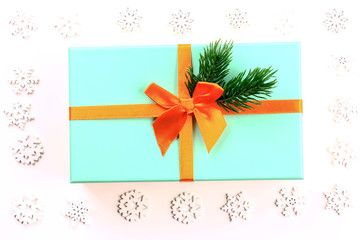 Christmas background. Gift wrap. Spruce branch. Top view. Close-up.