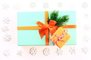 Christmas background. Gift wrap. Spruce branch. Top view. Close-up.