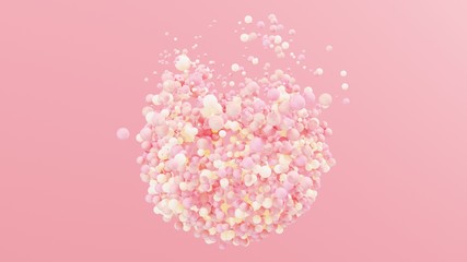 Dynamic colorful bouncing balls for party, festival, celebration. Group of balls, bubbles on pastel  background. Digital, trend, conceptual banner for Valentine's Day with copy space - 3D, render.