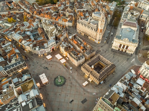 Aerial view of Lille historical downtown in France.
