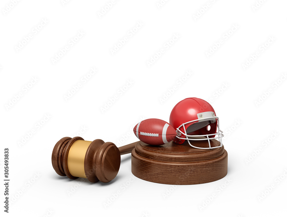 Poster 3d rendering of ball and helmet for american football on sounding block with judge gavel lying besid