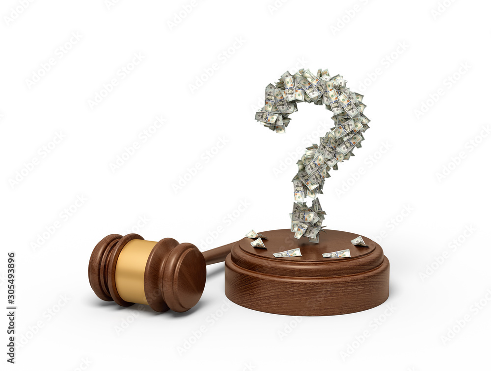 Poster 3d rendering of question mark formed with dollar banknotes standing on sounding block with gavel bes