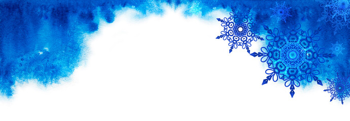 Blue Watercolor background texture with snowflakes and space for text .