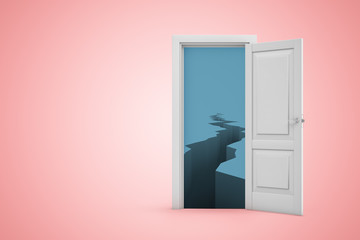 3d rendering of open door on pink gradient copyspace background with cold dark ice crevasse seen through door.