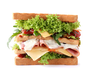 Yummy sandwich with ham isolated on white