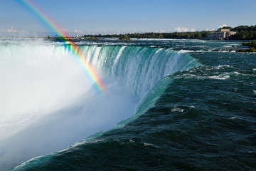 Rainbow over mist in the curve of Horseshoe Falls at Niagara Falls on the Niagara river Ontario Canada