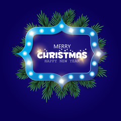 Retro Christmas lighr frame with tree branches. Realistic Christmas tree. Nappy new year. Vector design for banner, post