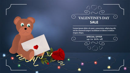 Valentines day discount up to fifty percent blue banner bear cub with postal envelope sits with flower rose with space for text frame garland