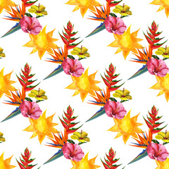 Watercolor sun and tropical exotic seamless pattern. Hand Drawn flowers illustration