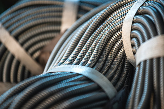 Close-up of a huge bundle of metal calbe armor