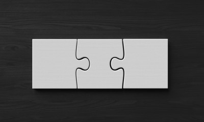 Three connected pieces of puzzle on black background. 3d illustration