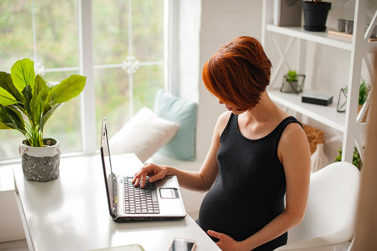 Pregnant woman working on laptop. Image of pregnant business woman typing something on laptop