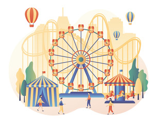 Amusement park concept. Tiny people with carousels, roller coaster, air balloon, circus, fun fair and carnival. Modern flat cartoon style. Vector illustration