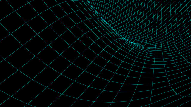 Vector Perspective Curved Grid. Detailed Lines On Black Background.