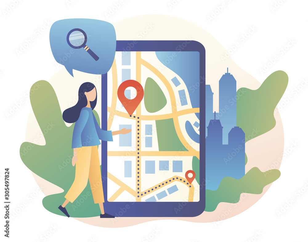 Wall mural gps navigation concept. tiny girl search for location on smartphone. online map. we have moved. mode