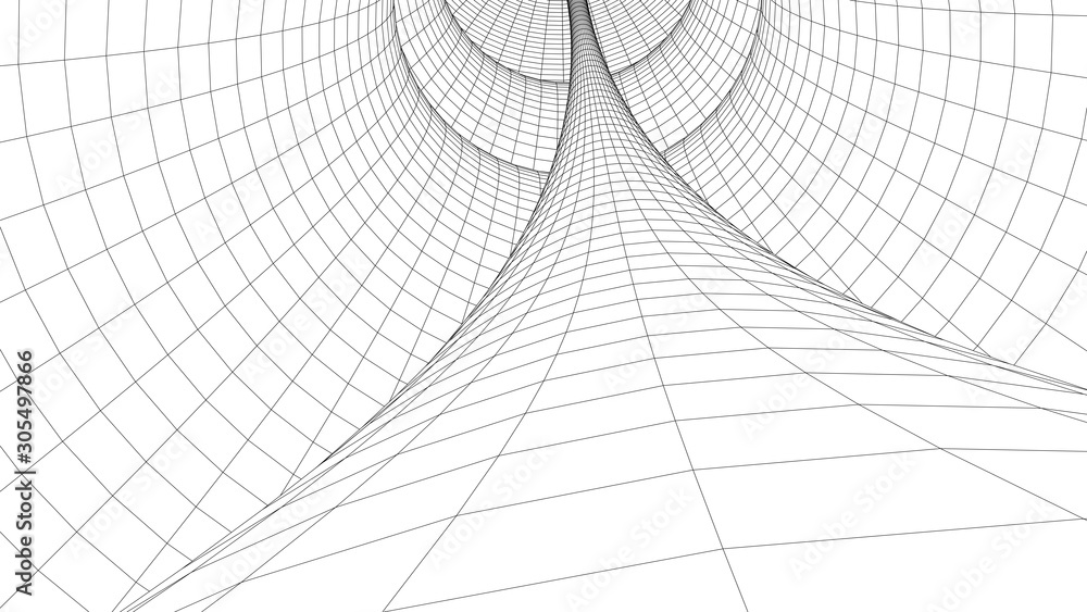 Poster vortex. vector perspective curved grid. wireframe abstract tunnel. 3d vector wormhole with a mesh st