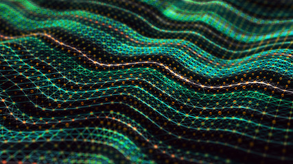 Network of bright connected dots and lines. Perspective grid of points and lines. Detailed lines on black background. 3D rendering.
