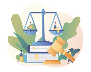 Law and Justice Concept. Justice scales, judge and judge gavel. Tiny people in the Supreme Court. Modern flat cartoon style. Vector illustration