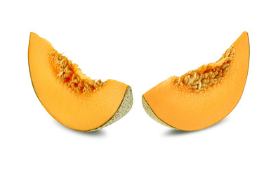 Two slices of cantaloupe melon in a cross-section, isolated on white background with copy space for text or images. Side view. Close-up shot.