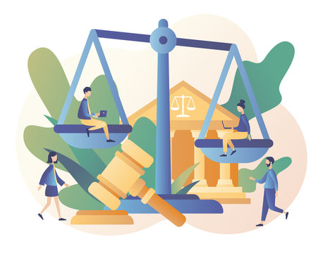 Law and Justice Concept. Justice scales, judge building and judge gavel. Supreme court. Modern flat cartoon style. Vector illustration