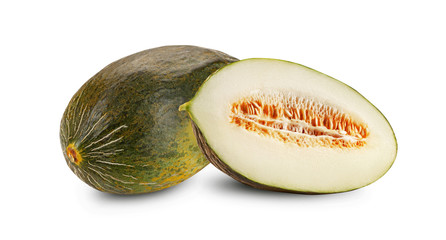 Delicious green tendral melon in cross-section, isolated on white background with copy space for text or images. Side view. Close-up shot.