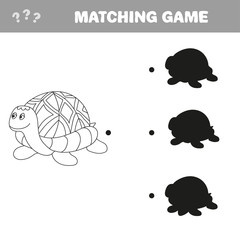 Funny turtle - shadow educational kids game. Vector illustration of shadow matching educational game with happy cartoon turtle for children