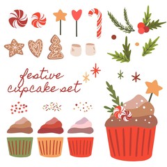Festive winter cupcake construction kit or creation set banners, web. Bundle of various decorations to build your own design