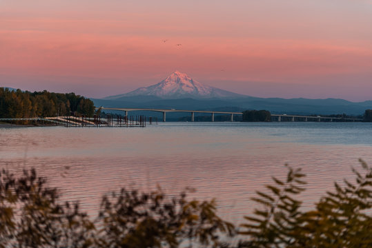Mt Hood and the Columbia River at sunset, Portland Oregon