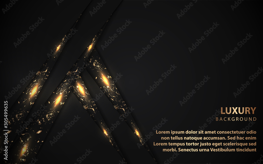 Poster abstract black overlapping layers background a combination with golden texture line decoration. dark