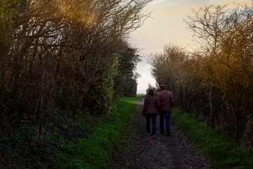 couple walking at dawn in the forest
