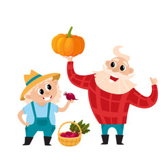 Cartoon old man, woman farmers with vegetables isolated on white.