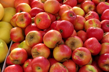 Pommes rouges sur un étalage au marché.
