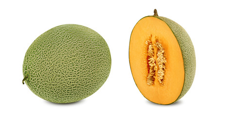 Delicious cantaloupe melon in a cross-section, isolated on white background with copy space for text or images. Side view. Close-up shot.