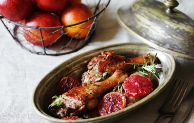 with red orange recipe. chicken with red orange. The second dish. canned stewed meat. orange Sicilian. keto recipe