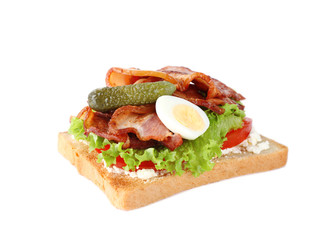Tasty sandwich with bacon isolated on white